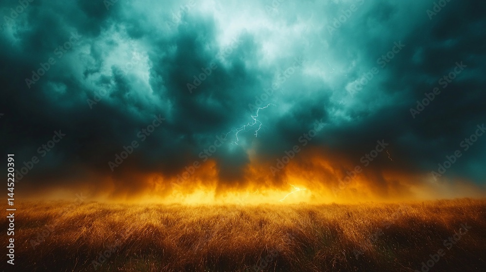 Dramatic storm clouds over a field on fire Dramatic storm clouds over a field on fire