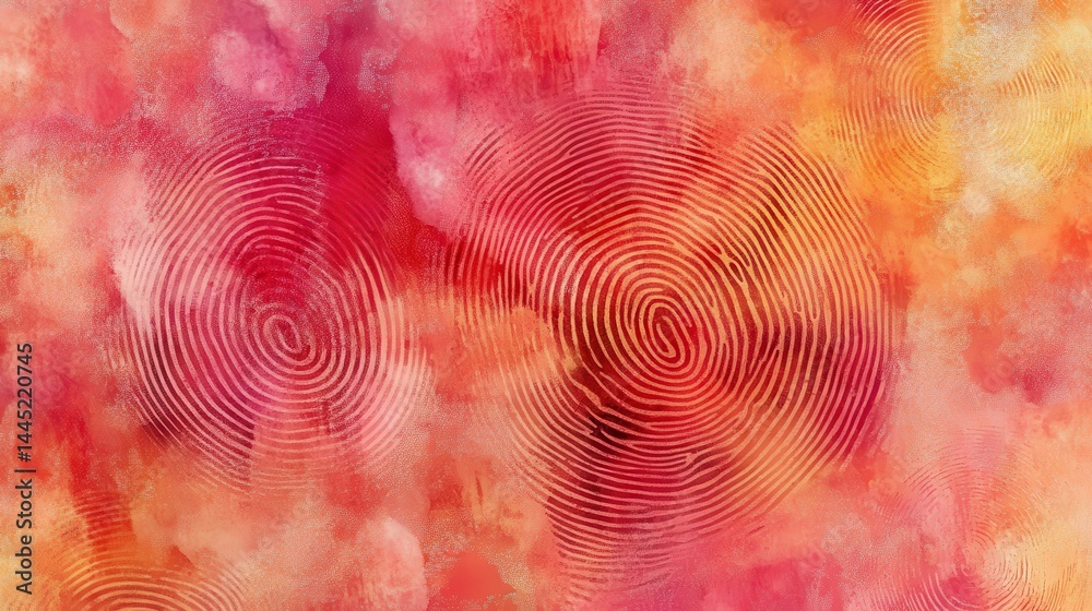 Fingerprints on an abstract red and orange watercolor background. Unique identity or personal touch, warm artistic backgrounds.