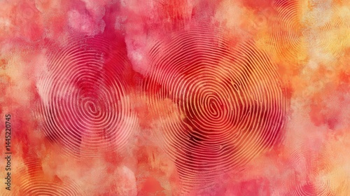 Obraz na płótnie Fingerprints on an abstract red and orange watercolor background. Unique identity or personal touch, warm artistic backgrounds. w salonie