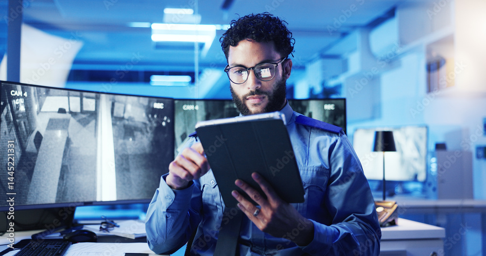 CCTV, security and tablet with man in office at night for monitoring, protection or safety. Dispatch, law enforcement and surveillance with officer in workplace for agency or government career CCTV, security and tablet with man in office at night for monitoring, protection or safety. Dispatch, law enforcement and surveillance with officer in workplace for agency or government career