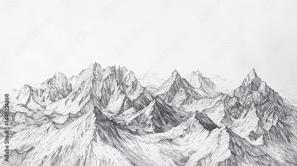 detailed ink drawing of alpine mountains using fine liner on plain white surface, showing texture and shading
