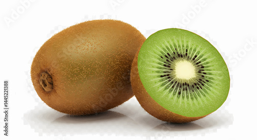 Digitally generated image with vivid colors and sharp clarity. The scene is transparent. Two kiwi fruits are visible. Vector illustration