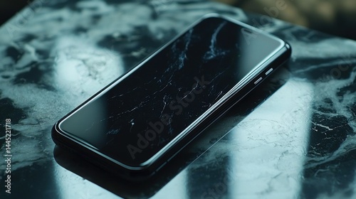 Cracked smartphone screen rests on dark marble surface