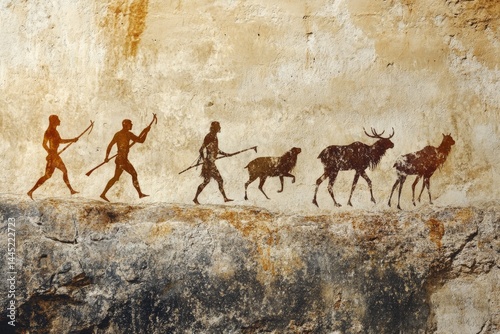 A cave painting portrays ancient hunters and animals, capturing a scene of prehistoric life and storytelling on a weathered rock wall.