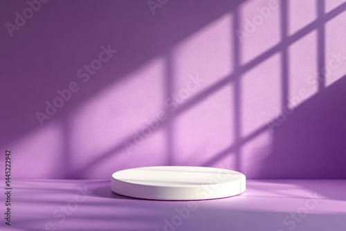 Empty white pedestal on a purple background with window shadows