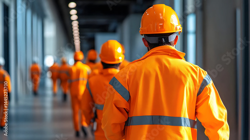 Group of workers in orange safety gear and helmets evacuating a building during an emergency drill. Ideal for safety training, evacuation procedures, and workplace safety visuals photo