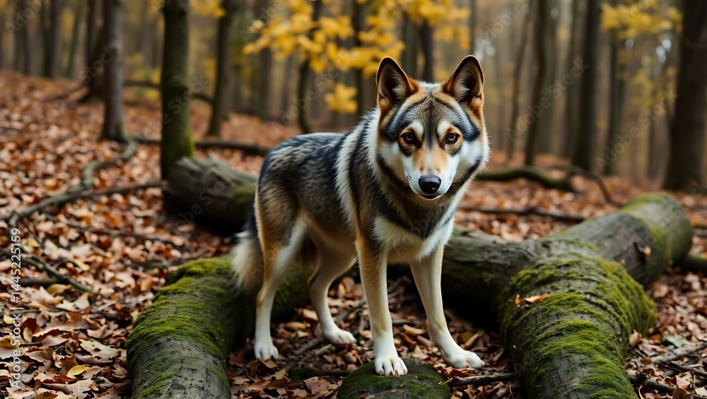 Obraz premium Wolf standing on mossy log in forest