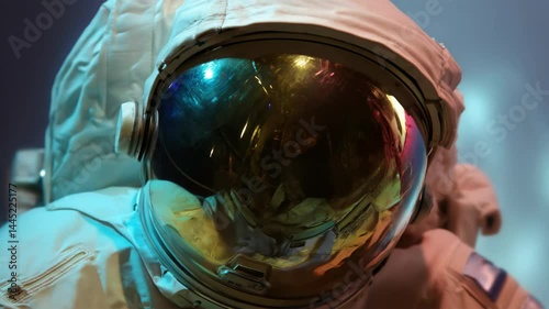 Close-up of an astronaut with reflections visible on helmet visor. Details include textured white space suit and dramatic lighting with blue hues.