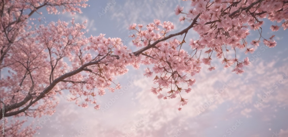 Soft pink sakura petals descend against a muted pastel sky , nature, pastel image, spring Soft pink sakura petals descend against a muted pastel sky , nature, pastel image, spring