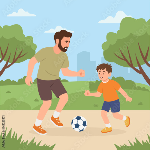 Father plays football with son in park. Dad and son. Family recreation. Vector Illustration