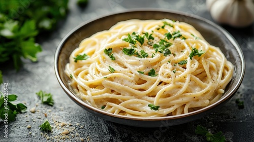 Creamy Alfredo spaghetti pasta dish served in a black bowl garnished with fresh parsley on a rustic dark surface with herbs and garlic in the background