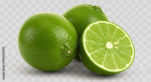 A digitally generated image with vivid colors and sharp clarity, showing three lemons against a completely transparent background. Two of the lemons are whole, spherical, with green skin. Vector 