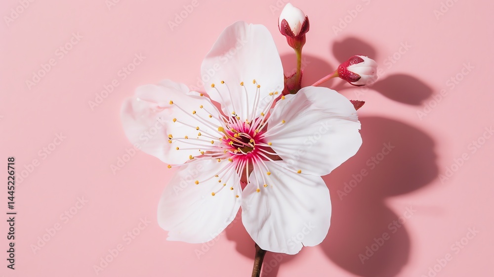 A beautiful closeup of a delicate white and pink cherry blossom flower in full bloom against a soft pink background. A beautiful closeup of a delicate white and pink cherry blossom flower in full bloom against a soft pink background.