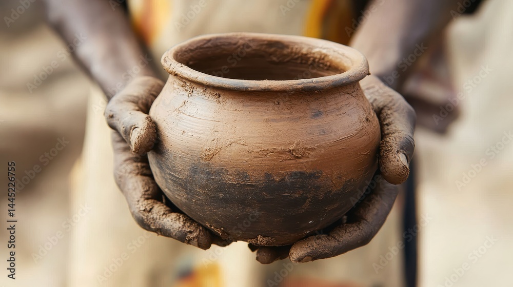 Dark skinned hands gently hold a freshly made clay pot. Showcase artistry, tradition, and the raw beauty of craftsmanship. Dark skinned hands gently hold a freshly made clay pot. Showcase artistry, tradition, and the raw beauty of craftsmanship.