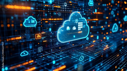 Cloud computing network graphic.  Abstract representation of data processing and cloud infrastructure