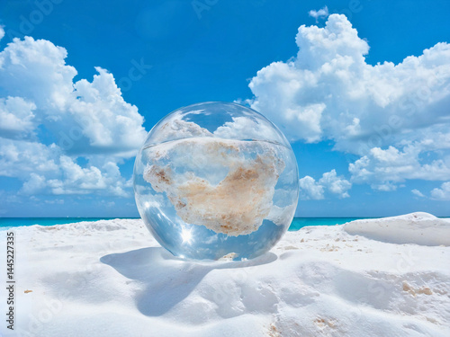 Transparent Glass Sphere on White Sandy Beach Under Blue Sky	
