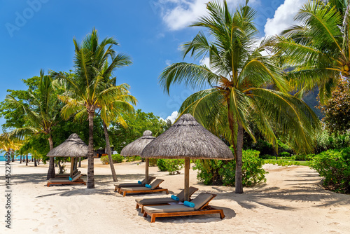 Fototapeta Naklejka Na Ścianę i Meble -  Luxury Resort Vacation: Empty Beach Chairs and Straw Parasols on White Sand by Palm Trees.Relaxing Getaway.Sunbeds with Towels under Thatched Umbrellas on a Sunny Tropical Beach.