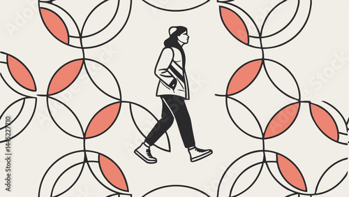 Stylish vector illustration of a young woman walking against minimalistic geometric pattern with soft color accents. Perfect for fashion branding, urban lifestyle concepts, modern posters, graphic des