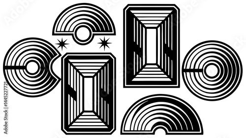 Vector abstract geometric shapes including gems and semicircles in modern linear style. Suitable for decorative elements, graphic design, branding, jewelry designs, posters, packaging, and stylish mod