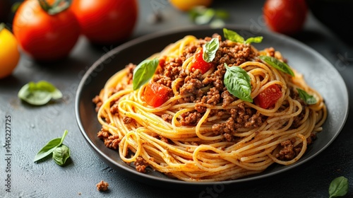 Delicious spaghetti pasta with seasoned ground beef cherry tomatoes and fresh basil leaves served in a black bowl on dark background