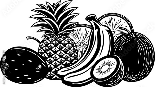 Modern abstract line art vector illustration of tropical fruits like pineapple, watermelon, strawberry, and citrus slices, combined with colorful geometric shapes. Perfect for artistic branding, decor
