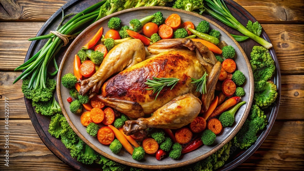 Roasted chicken in the center of a platter surrounded by steamed vegetables like carrots Roasted chicken in the center of a platter surrounded by steamed vegetables like carrots