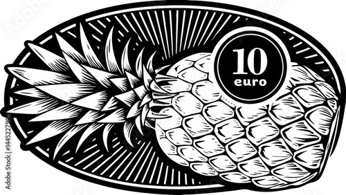 Vintage engraving-style illustration of a 10 euro note with a pineapple motif. Highly detailed black and white etching design with retro shading lines and an oval border, ideal for money-themed design