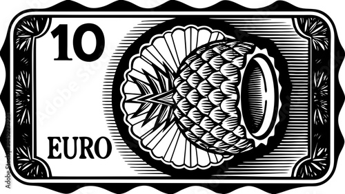 Vintage-style banknote illustration with a tropical pineapple fruit motif and bold 