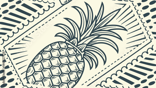 Vintage pineapple illustration in engraved style. Elegant tropical fruit sketch framed by ornate lines and decorative textures, perfect for retro packaging, botanical prints, or exotic food branding.

