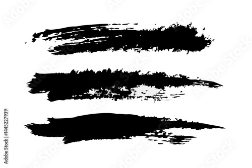 Black grunge brush strokes set. Three expressive horizontal paint smears in vector format, perfect for background textures, artistic design elements, or abstract graphic compositions.

