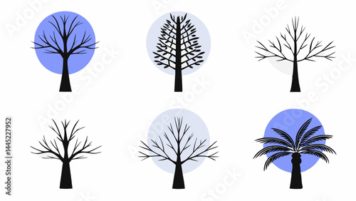 Minimalist vector set of six winter tree silhouettes. Each tree features bare branches in black with circular blue or grey backdrops, ideal for seasonal graphic design, nature infographics, or decorat