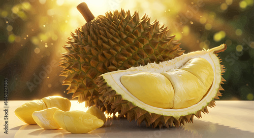 A calm and picturesque photograph showing a durian fruit placed against a transparent background, illuminated by warm golden sunlight, with visible sun rays. Vector illustration