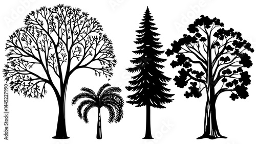 Black silhouette vector set of various trees including deciduous, palm, pine, and leafy trees. This minimalistic tree collection is perfect for logos, print design, nature-themed graphics, or botanica