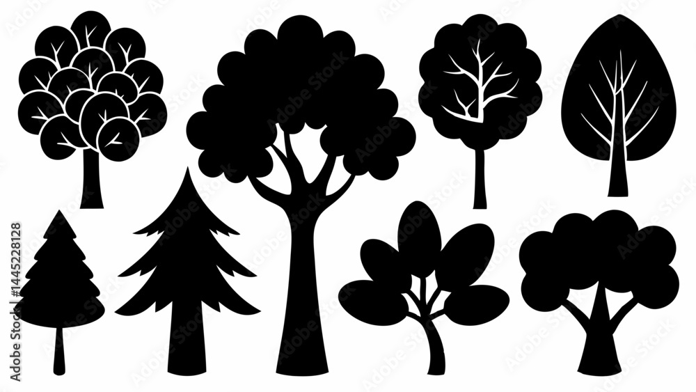 Set of black tree silhouette icons in vector format. Includes various stylized tree shapes such as deciduous, coniferous, and ornamental forms. Ideal for nature themes, eco designs, infographic elemen