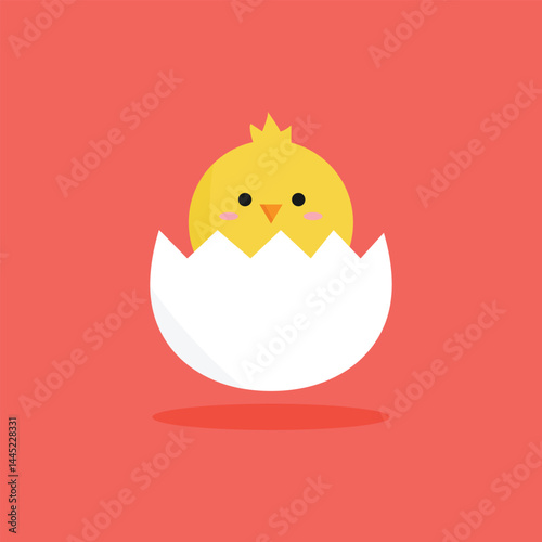 Cute baby chick hatching from an egg on a red background. Simple, flat vector illustration perfect for Easter, spring themes, children's content, and educational materials.