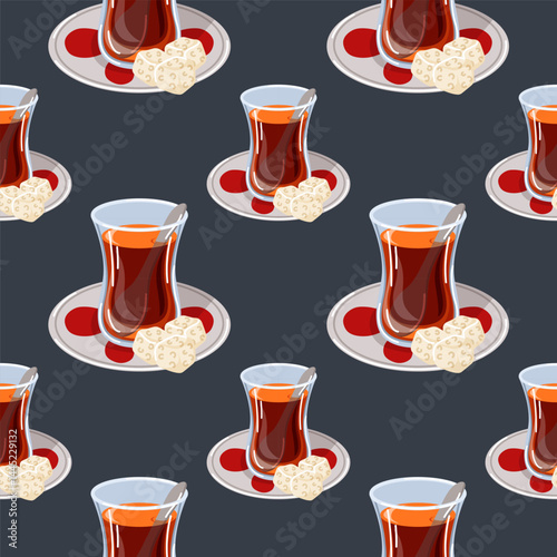 Seamless pattern with traditional Turkish tea glasses on saucers with sugar cubes and spoon on dark background in cartoon. Perfect for cafe branding, kitchen decor or beverage themed design.