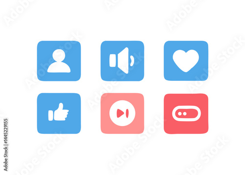 Vector illustration of social media icons set in flat style. Contains six square blue and red icons with user, heart, like, speaker, and play symbols. Ideal for interface, mobile apps, and web design.