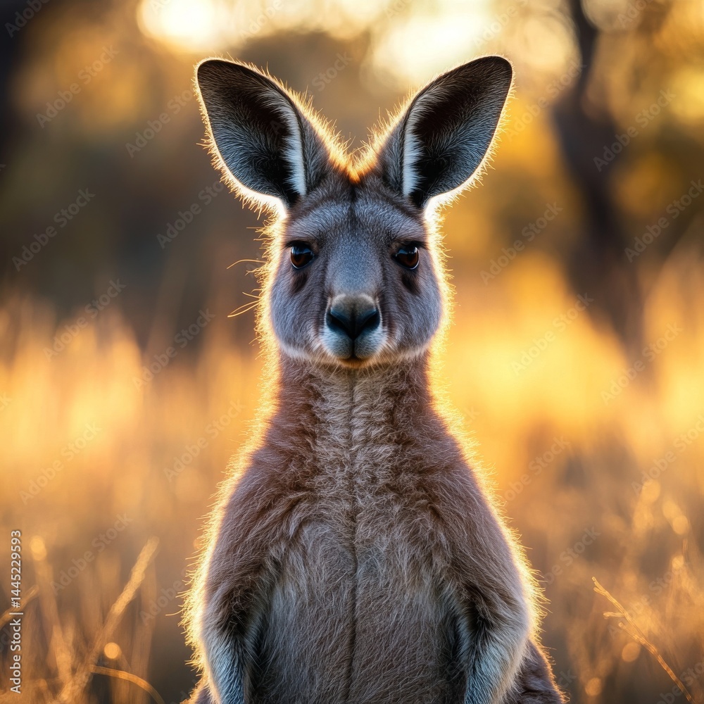 Fototapeta premium A sharp and vibrant closeup of a Kangaroo standing alert in golden Australian outback light 