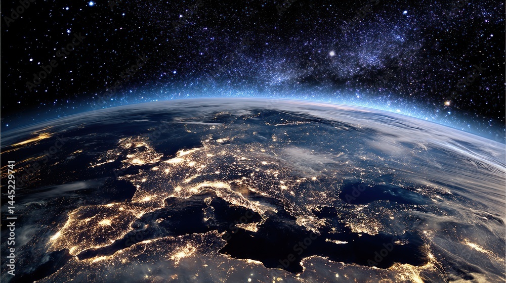 Fototapeta premium Magnificent view of the Earth at night, showing the brilliant lights of European cities, a deep blue sky dotted with bright stars, and below the surface of the earth is the outline of a map of Europe.