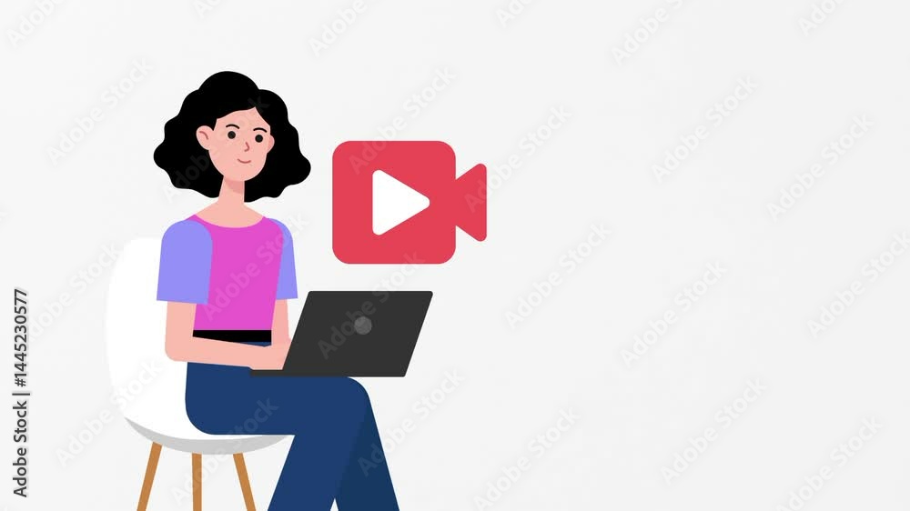 Female watching laptop with video content and US dollar money icon sign symbols. Making money online concept. Vector animation, motion graphic footage. Isolated white screen background