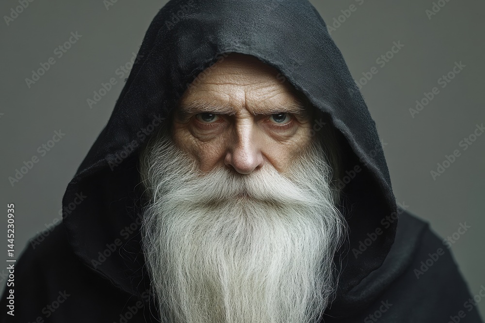 A hooded old man with long white beard stares intensely at the camera. Use this for fantasy, wisdom, or mystery themed projects.