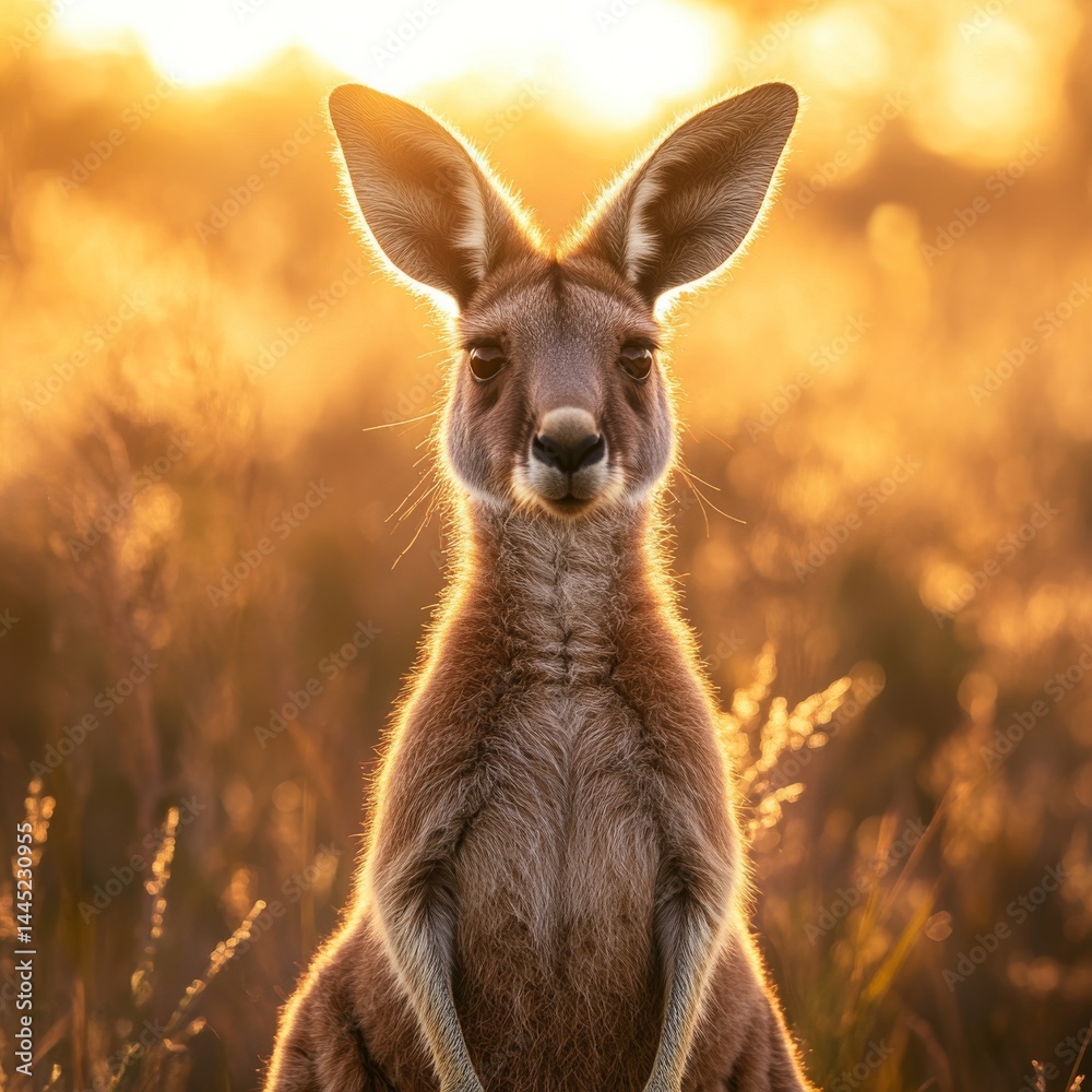 A sharp and vibrant closeup of a Kangaroo standing alert in golden Australian outback light A sharp and vibrant closeup of a Kangaroo standing alert in golden Australian outback light