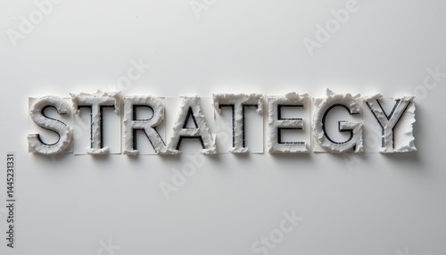 The word strategy spelled out with white paper letters on a white background in a studio shot