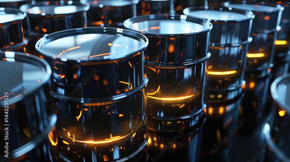 Obraz premium Background with metal futuristic barrel for black oil with glowing light reflections. Chemical storage for petroleum products