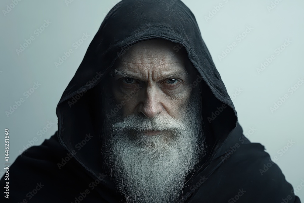 Stern old man with a long beard, wearing a black hood. Perfect for fantasy, mystery, or historical themed content.