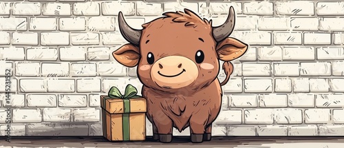 Cute cartoon bull stands by a gift against a brick wall