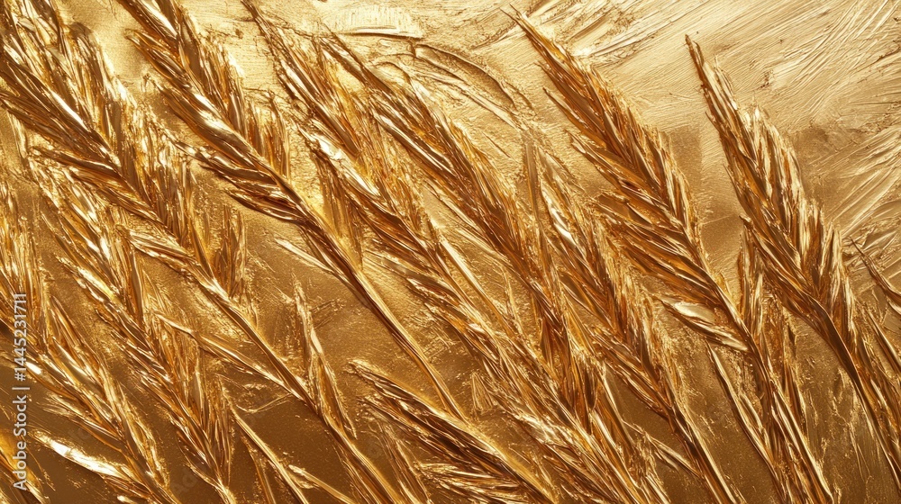 A close-up of golden wheat-like plants against a textured golden background. A close-up of golden wheat-like plants against a textured golden background.