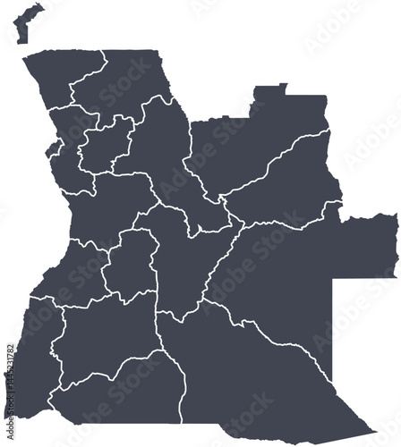 Vector map of Angola showing all regions with clearly defined borders and country outline. Dark color scheme with white contours. Perfect for educational, infographic, and professional use.