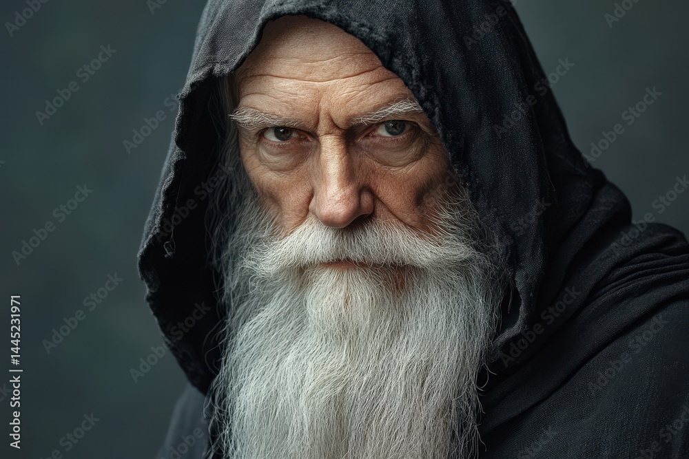 Elderly man in a dark hooded robe has piercing gaze, with long white beard. Use to show wisdom, mystery, fantasy, or spiritual concepts.