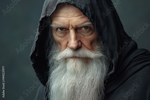Elderly man in a dark hooded robe has piercing gaze, with long white beard. Use to show wisdom, mystery, fantasy, or spiritual concepts.